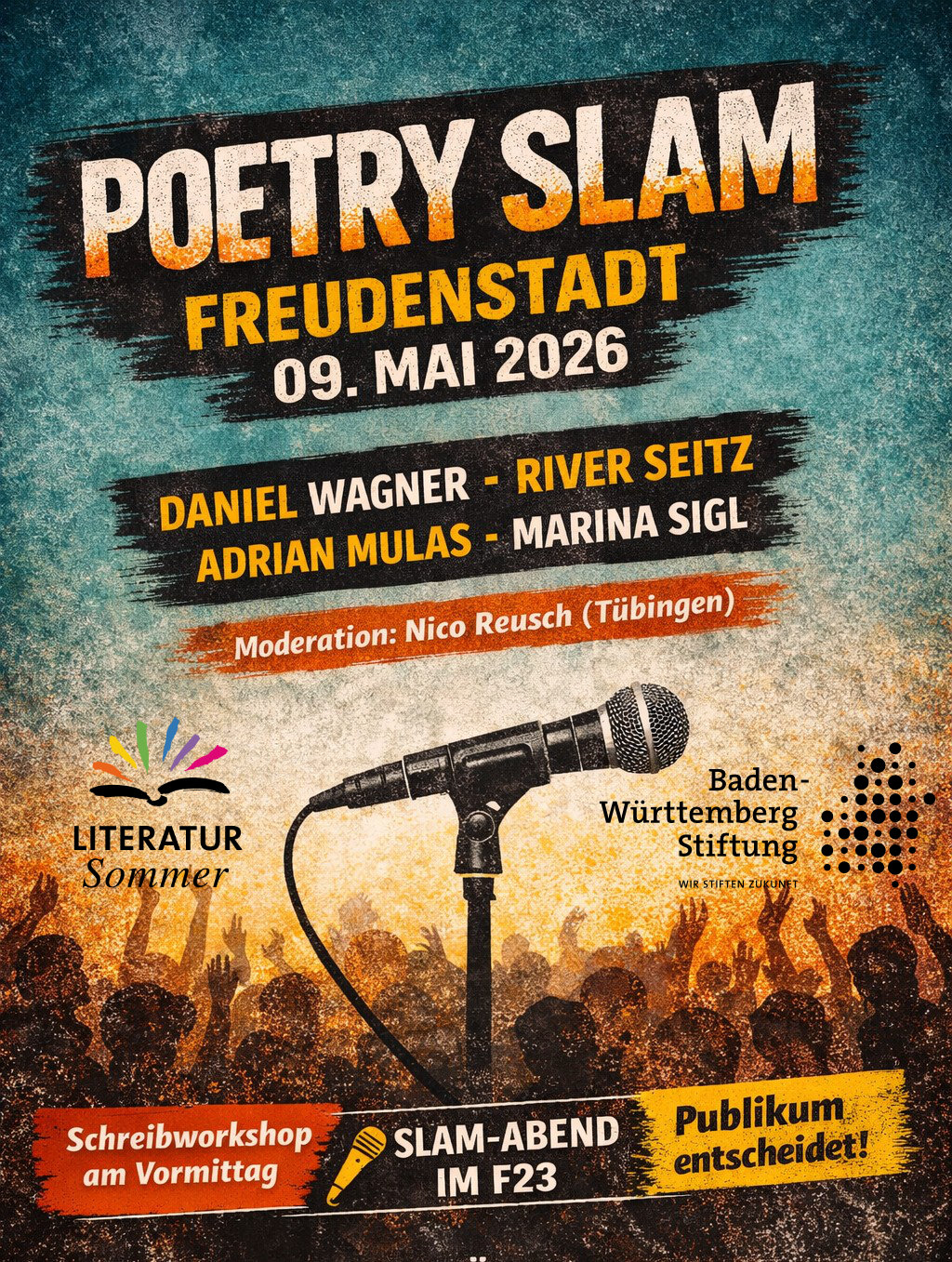 Poetry Slam mit Daniel Wagner (Heidelberg), River Seitz (Freudenstadt), Adrian Mulas (Karlsruhe) und Marina Sigl (Stuttgart) und weiteren Gästen - Moderation: Nico Reusch